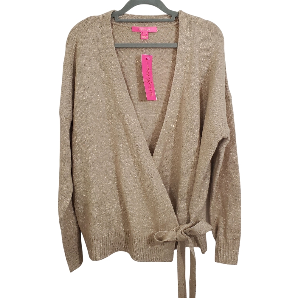 NWT Lilly Pulitzer Dixie Wrap Sweater Sand Bar Metallic Tan Gold Size XL Sequin